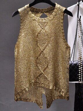 Gold Casual Women's Sleeveless Metallic Knit Top